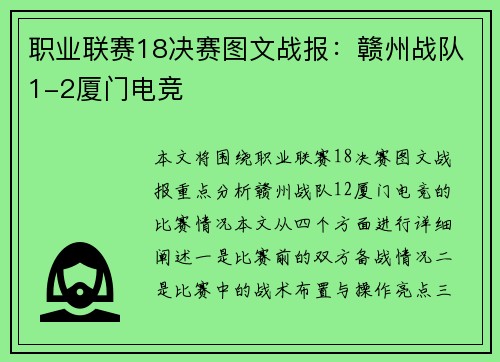 职业联赛18决赛图文战报：赣州战队1-2厦门电竞